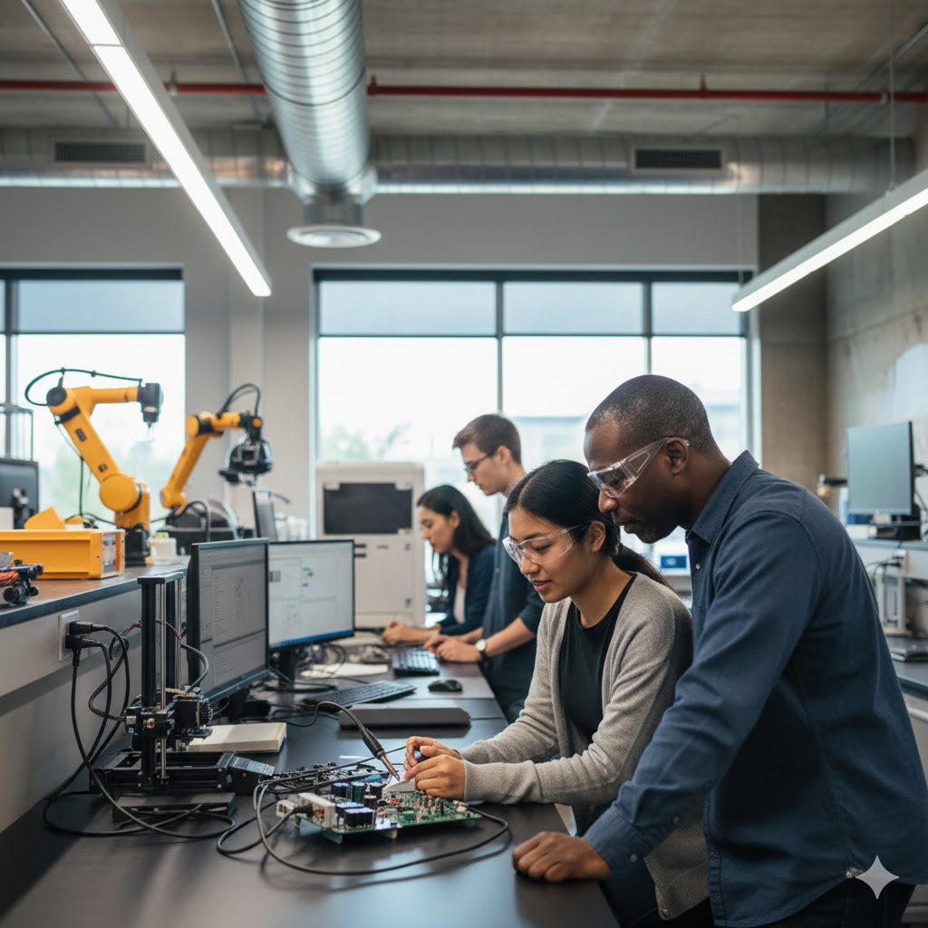 community college students in an electronics class