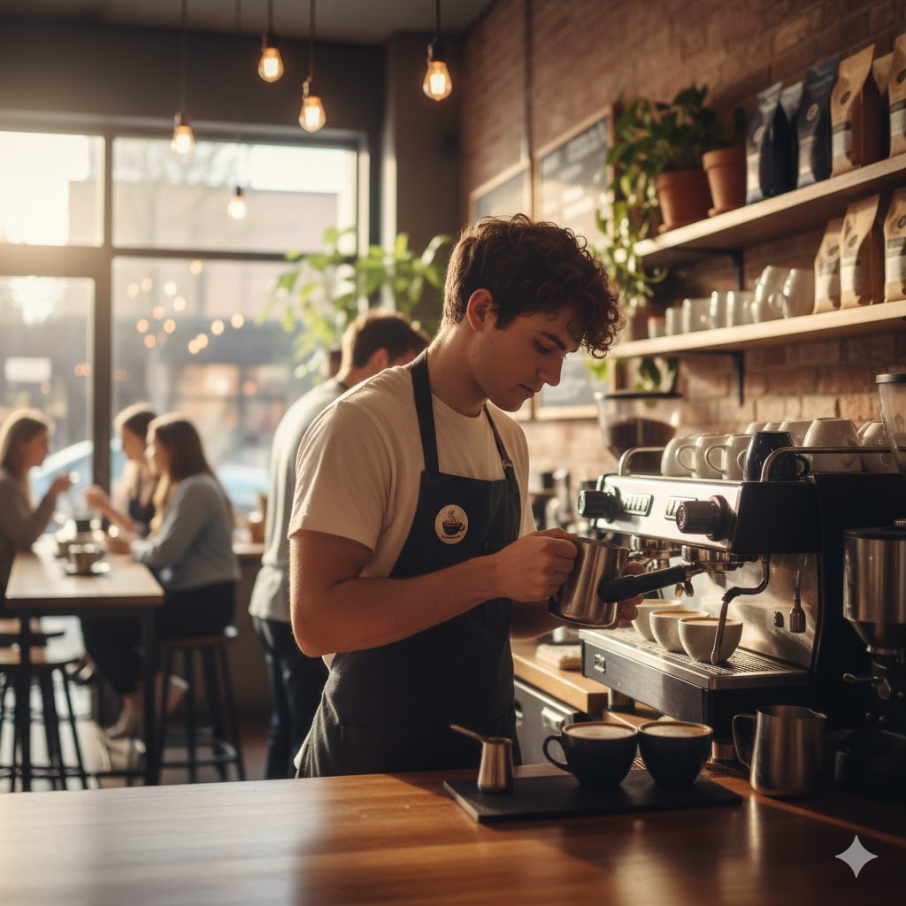 college student working in a coffee shop