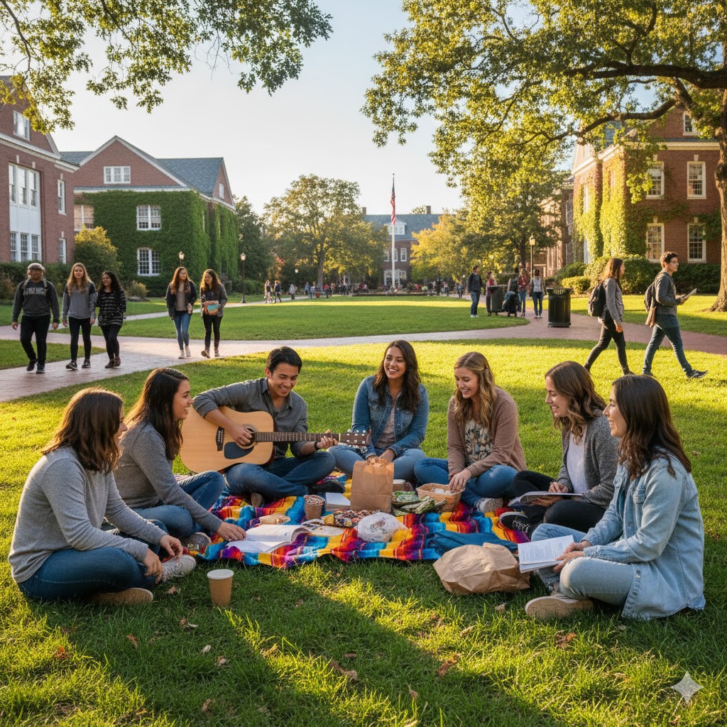 community college students relaxing on campus