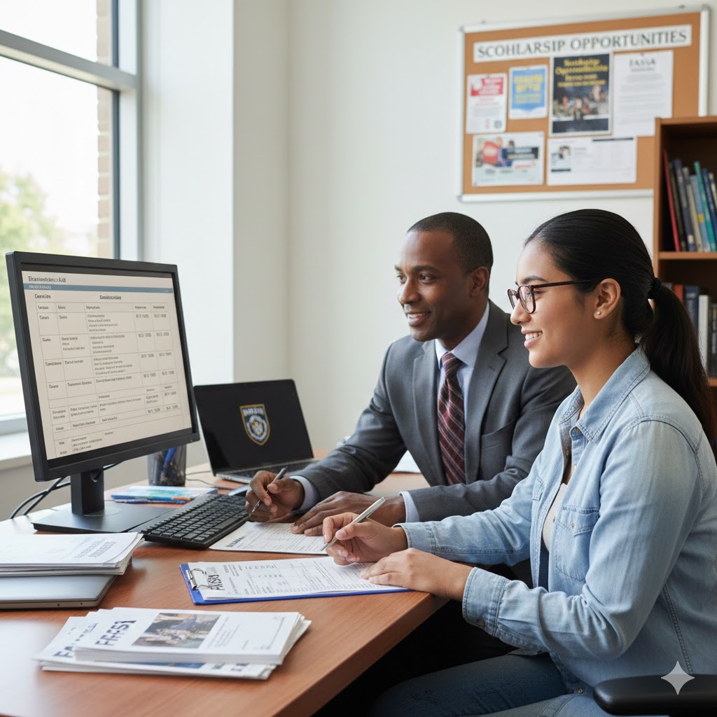 community college student meeting with financial aid advisor