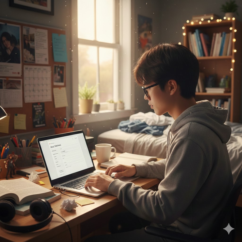 student typing his resume