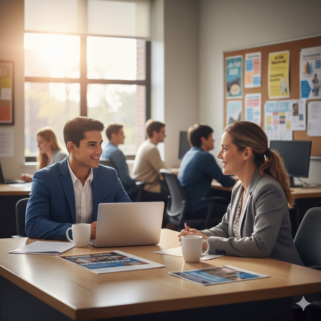 student meeting with career center advisor - find paid internships in 2026