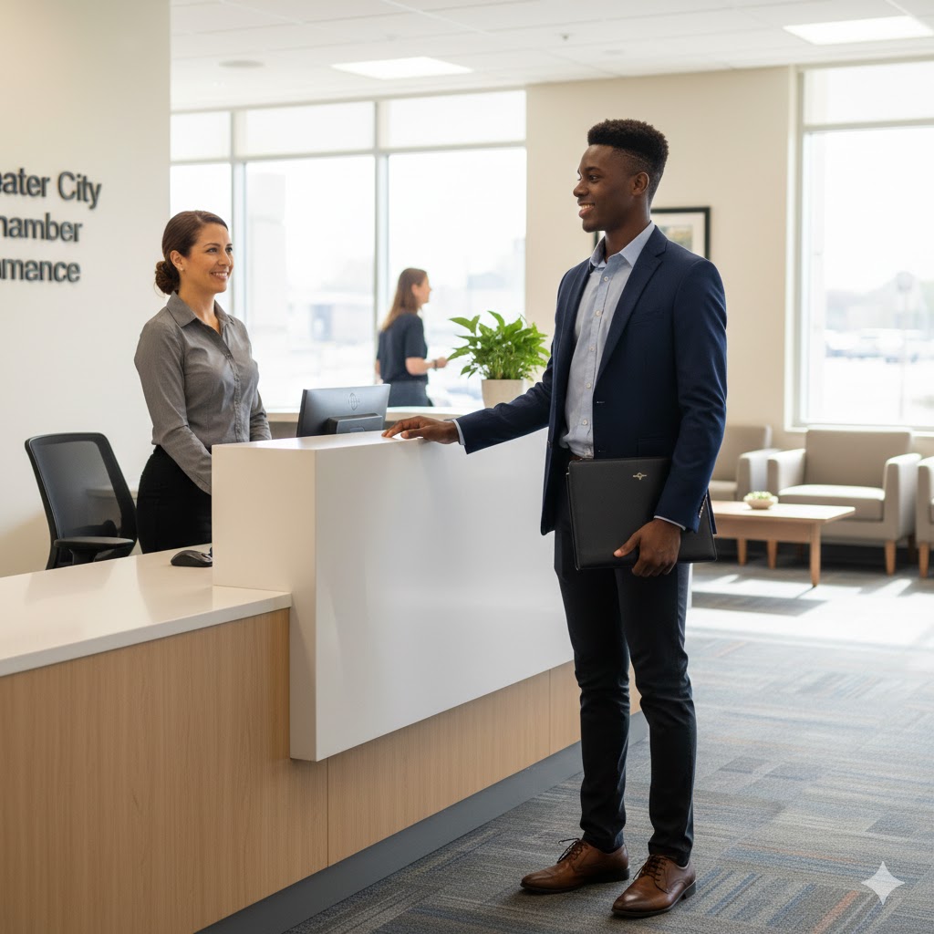 student talking with a receptionist at the chamber of commerce
