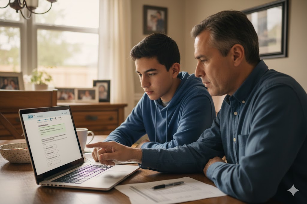 father and son completing the FAFSA - paying for college