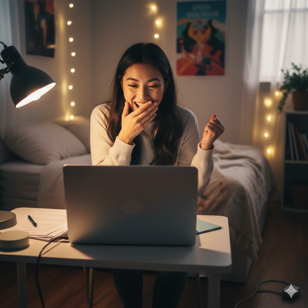 excited student won a scholarship