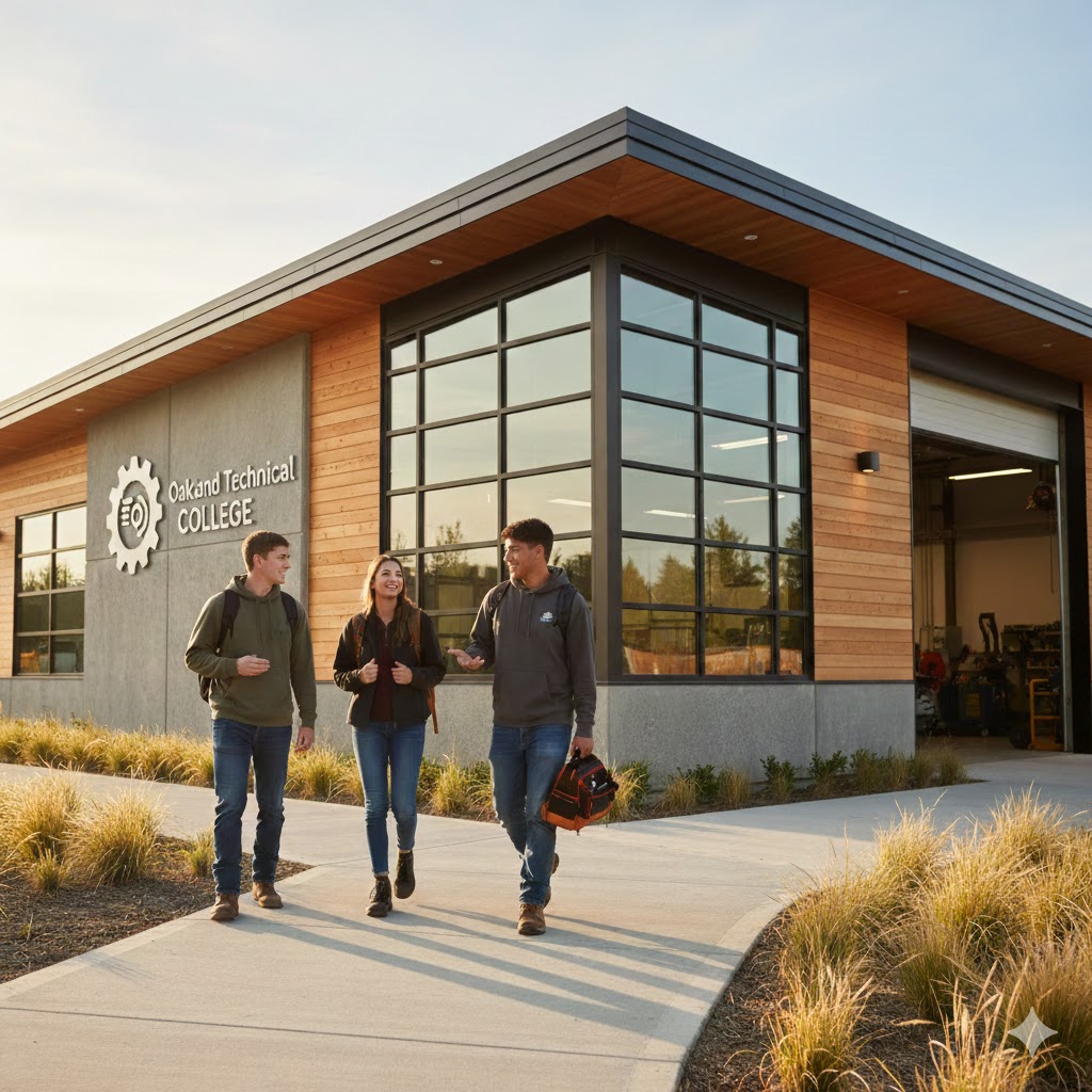 students walking in front of a trade school students touring community college campus - career in the trades