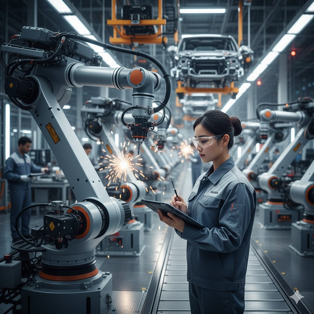 robotics technician working in an auto manufacturer diagnostic medical sonographer with patient students walking in front of a trade school students touring community college campus - career in the trades