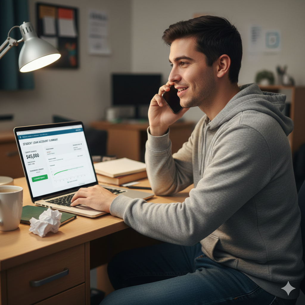 student talking with his loan servicer on the phone