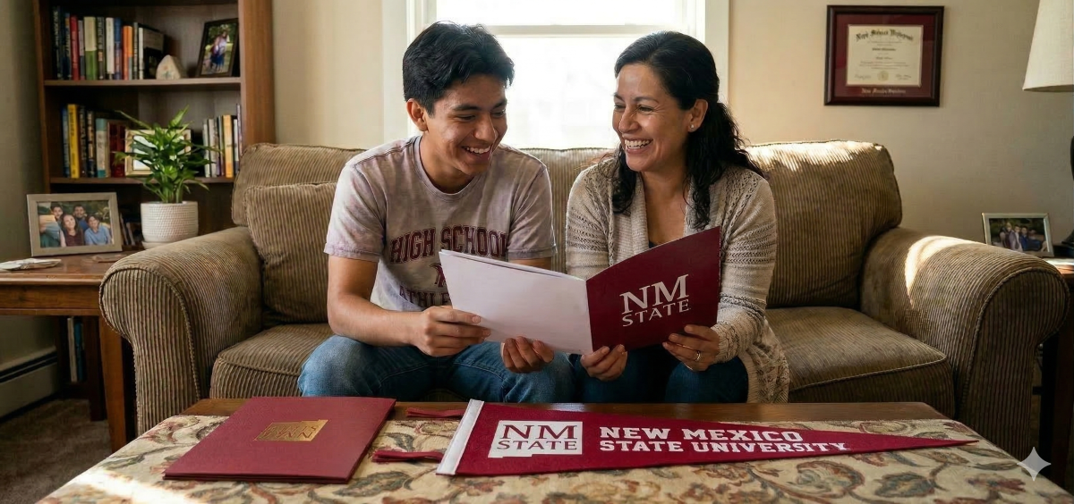 student and mom looking at college acceptance merch