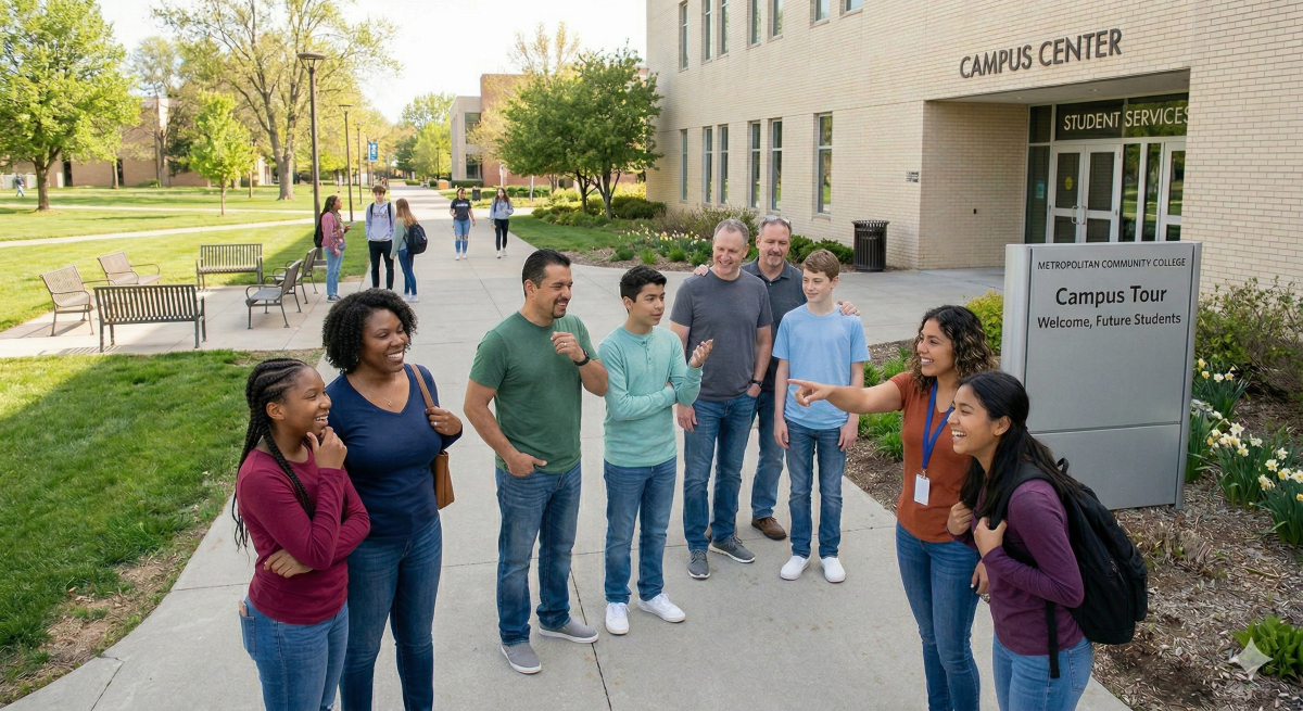 families touring a community college campus