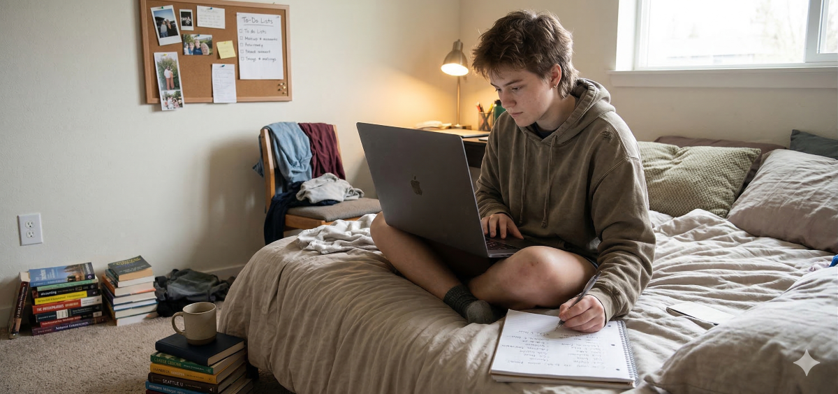 student researching colleges on their laptop