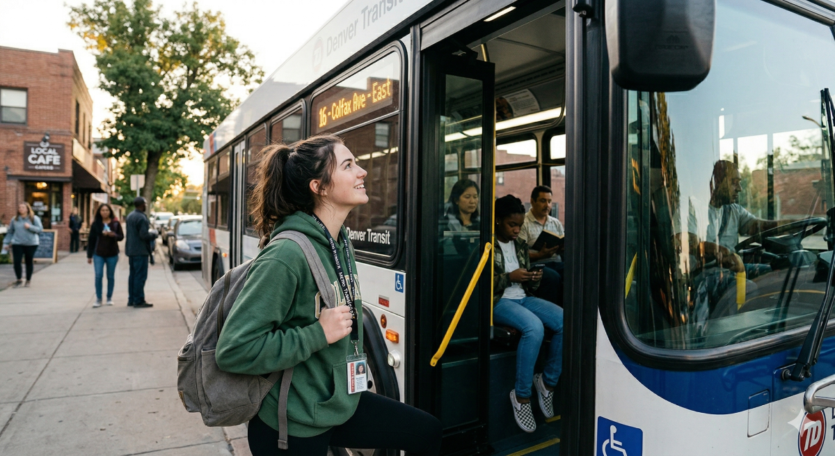 college student getting on a city bus