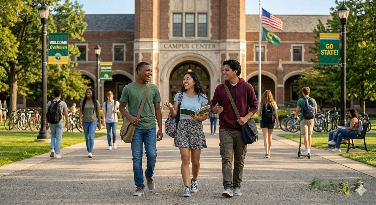students walking on a college campus