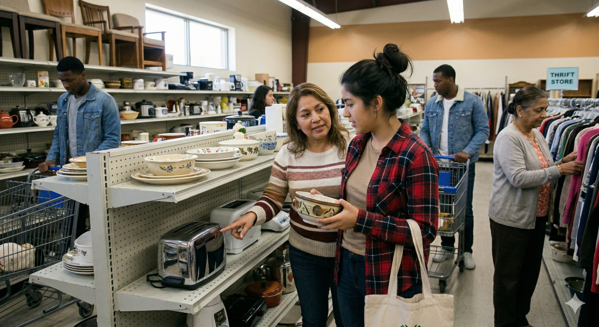student and mom shopping at a thrift store