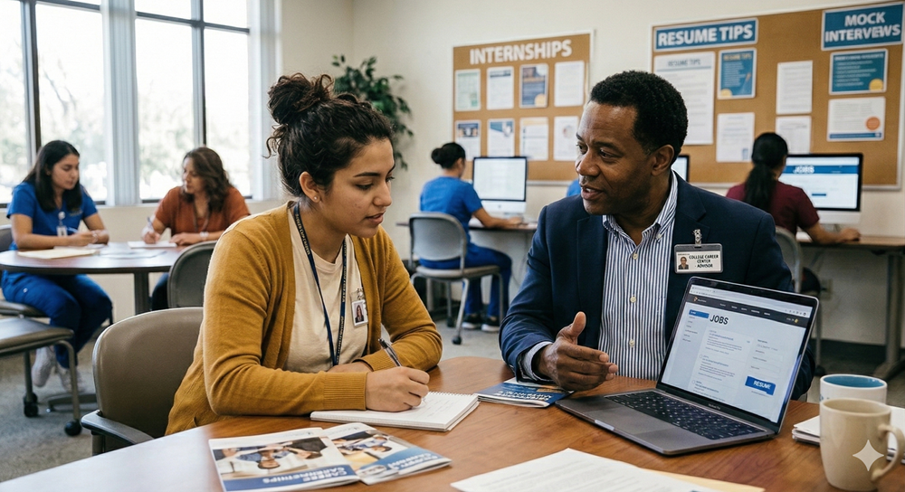 student meeting with a career counselor in a campus career center
