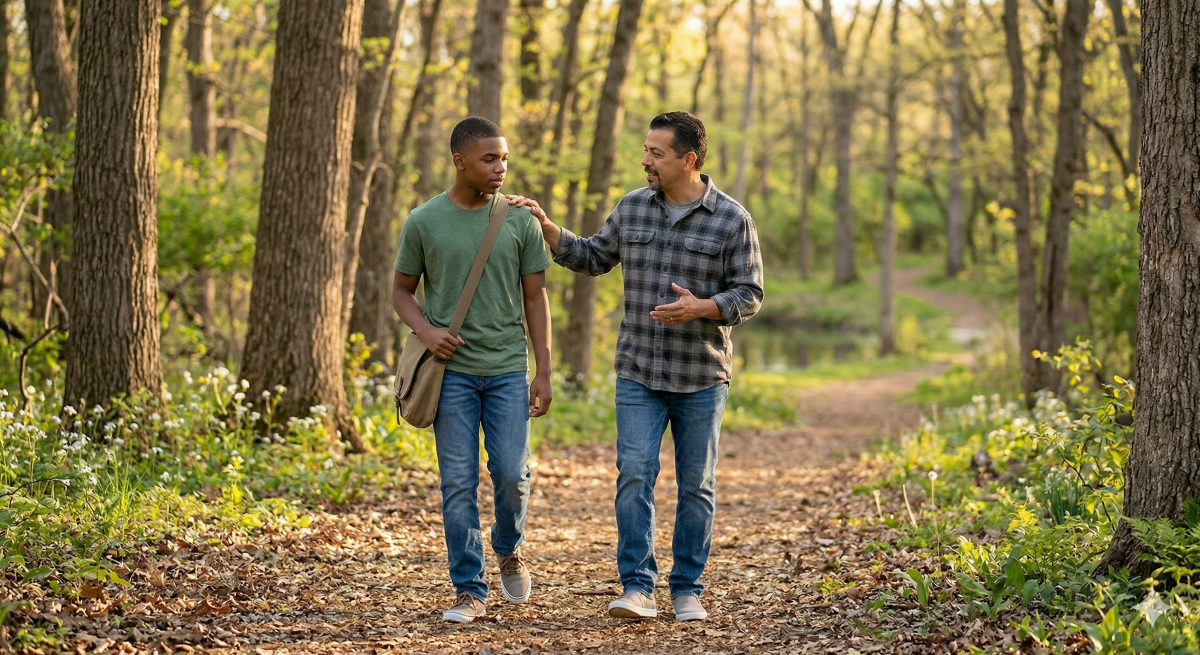 father and son walking in natural setting