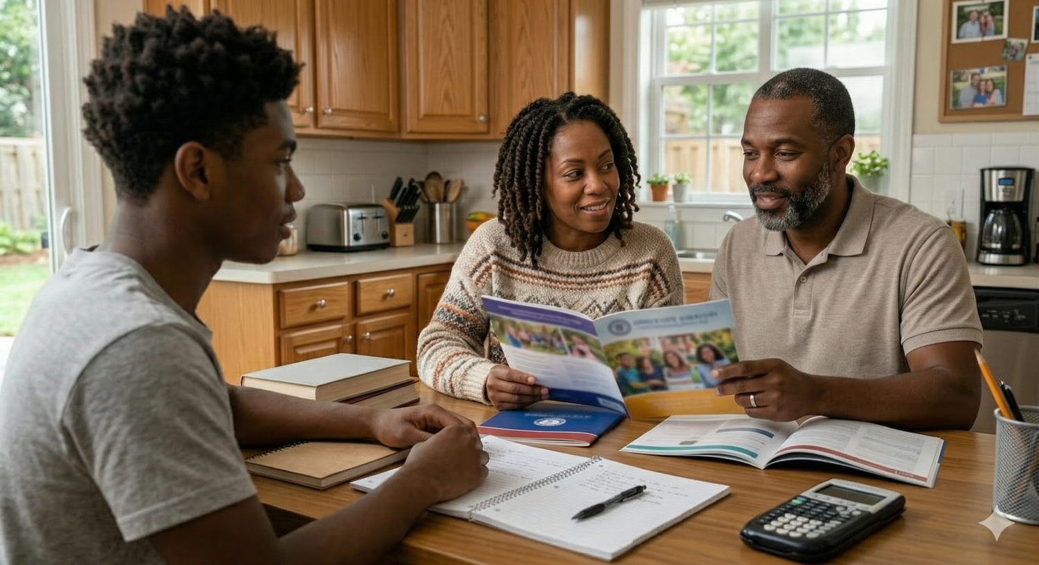 Student and parents discussing colleges
