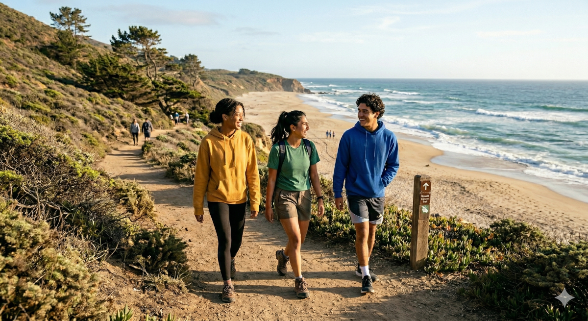 students hiking near the beach