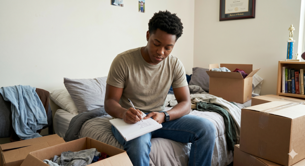 college student packing up and making a checklist