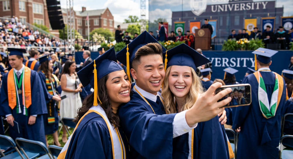 new college grads pose for a selfie in their caps and gowns
