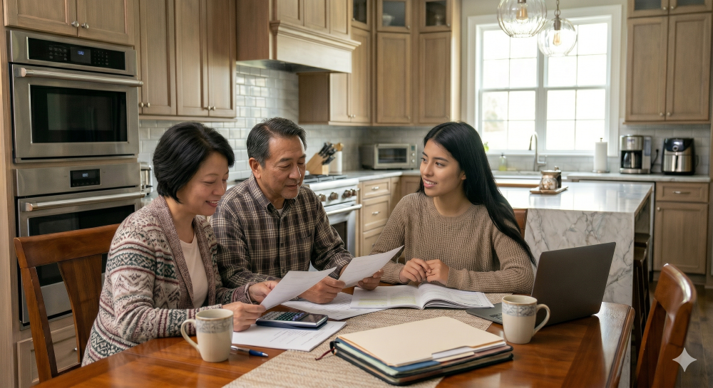 family talking in kitchen