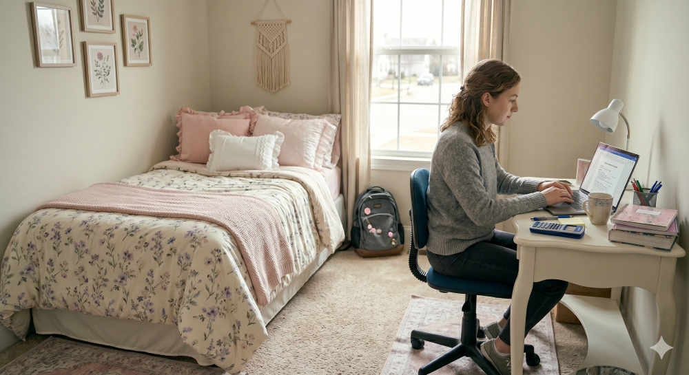 student working on her resume