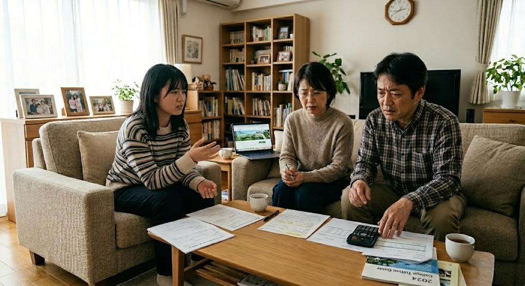 student and parents talking about a safe scholarship strategy