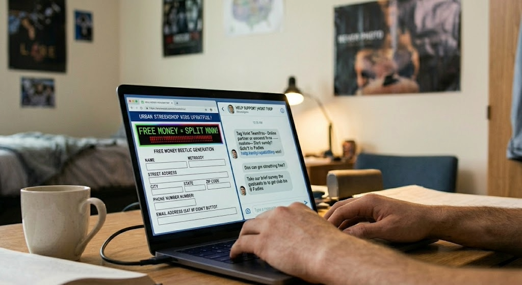 laptop open to screens from scammers targeting students