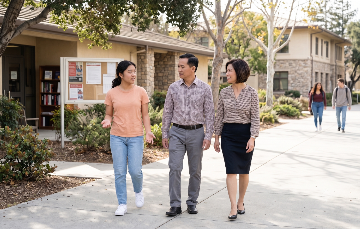 family walking on campus