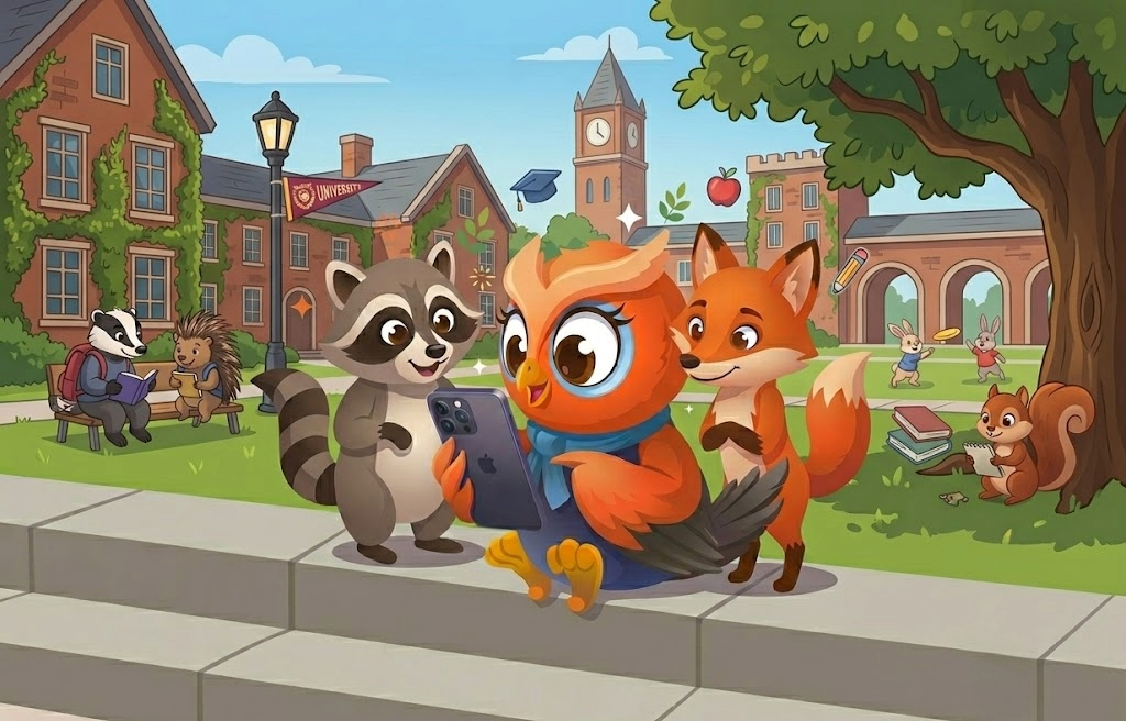 owl and friends using ScholarshipOwl mobile app to apply for scholarships