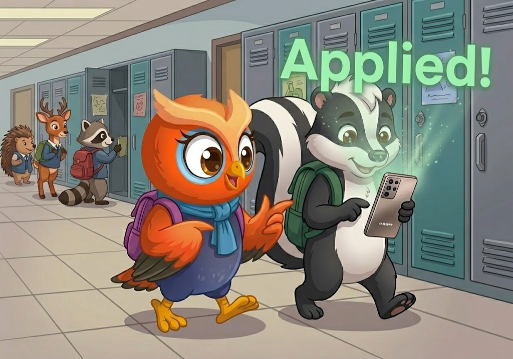 owl and skunk applying for scholarships with ScholarshipOwl mobile app