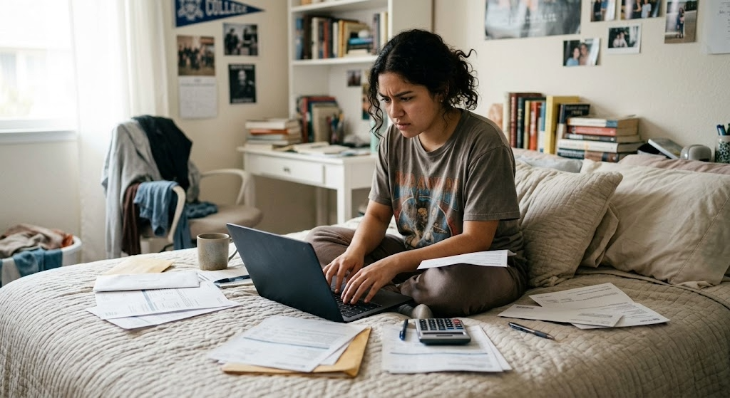 student sitting on bed stressed about paying for college