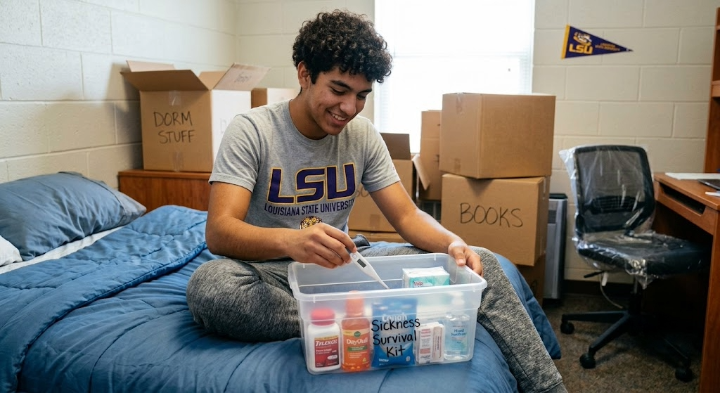 student creating first aid kit
