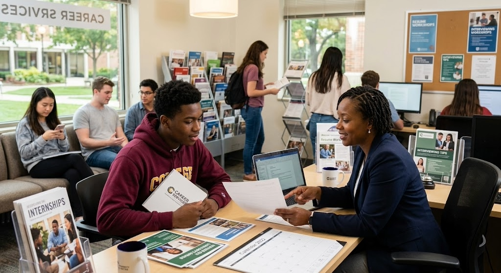 student meeting with counselor in college career center