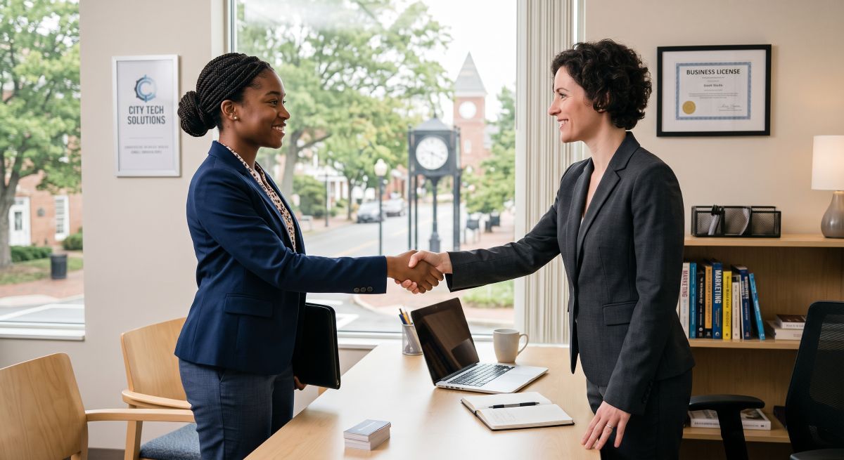 student shaking hands with an interviewer