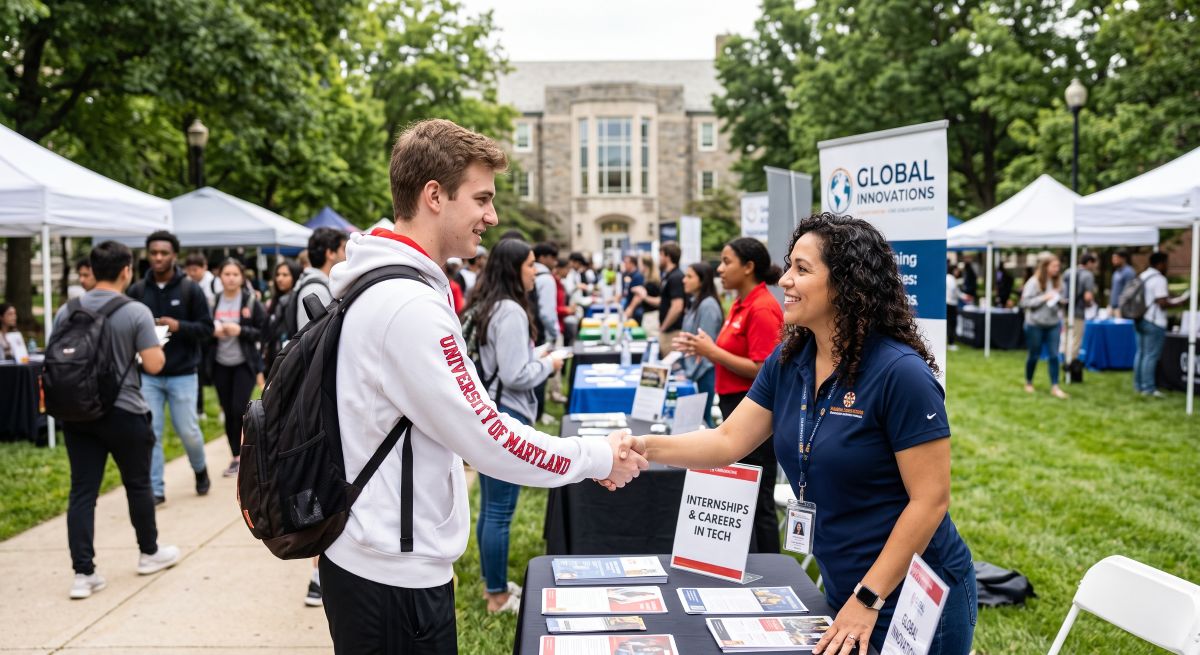 students at a job fair on campus