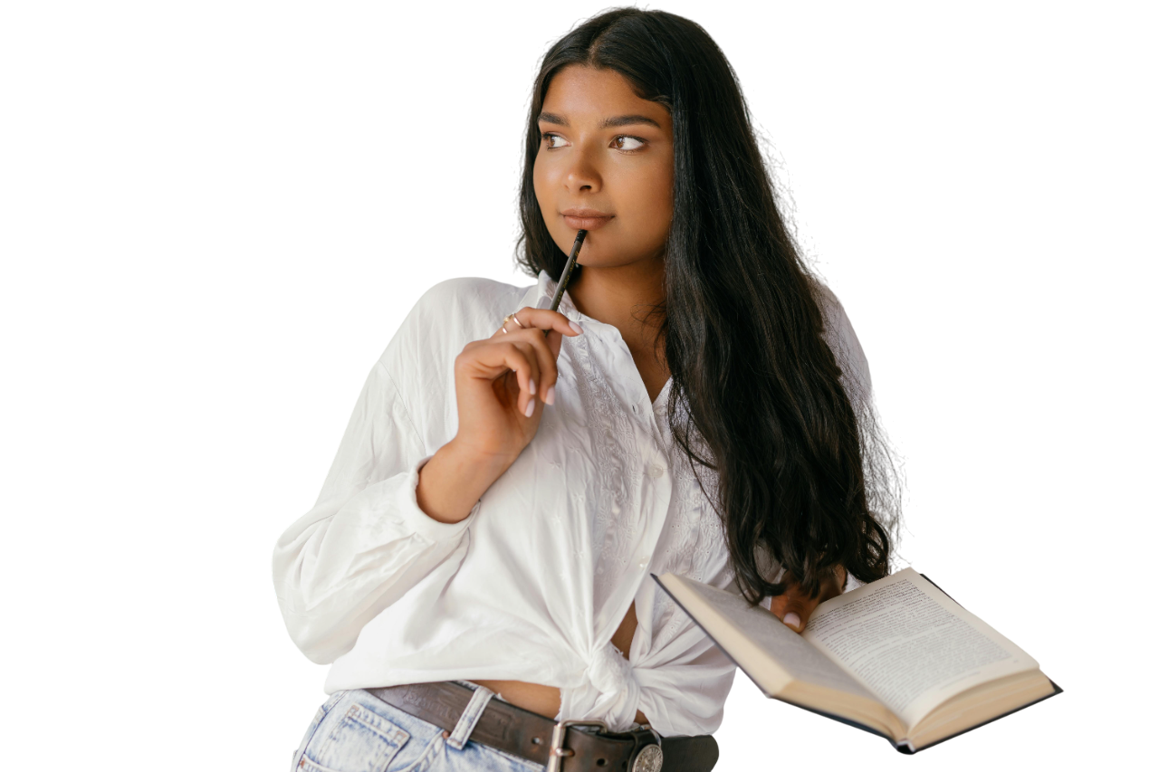 girl thinking with a book