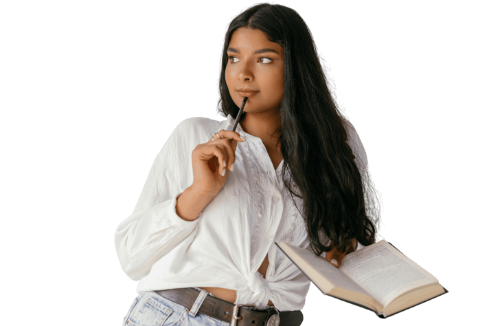 girl thinking with a book